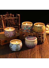 Bộ 4 hộp nến thơm Anzzar cao cấp hương hoa tinh dầu dịu nhẹ, sáp thơm trong hộp thiếc hoa văn tinh tế phong cách Bắc Âu NT-04