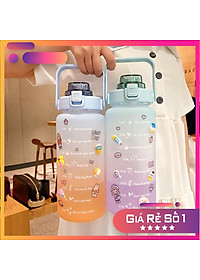 (Tặng sticker) Bình nước 2 lít  dành cho người lười uống nước bình nước cute 2L có ống hút, vạch chia nhắc giờ