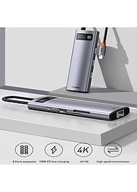 Hub chuyển đổi đa năng 8 trong 1 Baseus CAHUB-CV0G ( Type-C to HDMI/ USB3.0/ LAN / SD Card Reader/ Type C PD 100W, Multifunctional HUB) - HÀNG CHÍNH HÃNG