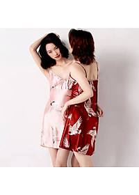 Q155 Váy ngủ lụa hai dây họa tiết hình chim hạt sang trọng sexy - Đầm ngủ lụa họa tiết chim hạt gợi cảm - Váy ngủ