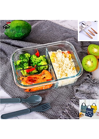 Hộp Cơm Thủy Tinh 3 Ngăn 1050 ml + Túi Cá + Hộp Đũa Thìa Cán gỗ ( Giao màu ngẫu nhiên) cực kì tiện lợi