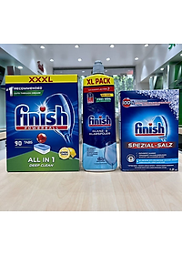 Viên rửa bát finish All in one 90 viên+Dung dịch nước làm bóng finish 750ml+Muối rửa bát chén finish 1.2kg cho Máy rửa bát