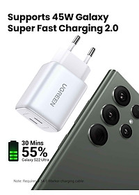 Ugreen UG15327CD294TK 45W 2C GaN chuẩn cắm EU chân tròn Màu Trắng Củ sạc nhanh 2 cổng USB-C - HÀNG CHÍNH HÃNG