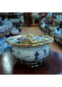 Điếu bát men rạn bọc đồng đắp nổi cây Tùng chính hãng gốm sứ Bát Tràng (điếu hút thuốc lào)