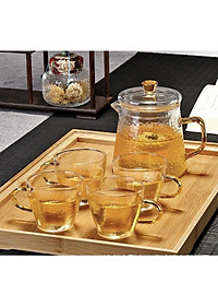 Bộ ấm chén thủy tinh pha trà tay vàng vân sần chịu nhiệt cao cấp kèm khay gỗ tre