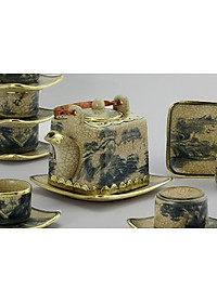 Bộ ấm chén vuông men rạn bọc đồng gốm sứ Bát Tràng (bộ bình uống trà, bình trà)