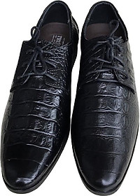 Giày tây nam buộc dây Trường Hải màu đen da bò thật dập vân cá sấu đế cao 3.5cm cao su không trơn  GT0791