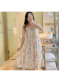 Váy 2 dây cho nữ mặc nhà vải lanh mềm mát, dáng xòe, nhiều họa tiết, freesize từ 45 đến 75 kg