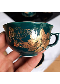 Bộ ấm chén Bát Tràng cao cấp phú quý Mallard màu xanh Arctic họa tiết hoa sen vẽ vàng 24k 