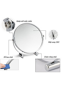 Gương trang điểm phóng đại 3 lần, xoay 360 độ, 2 mặt siêu nét, để bàn, Inox 304, Size 18cm, 20cm, Minh House G31