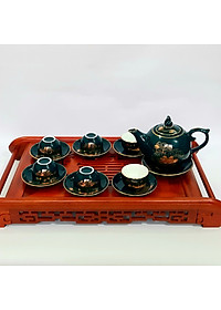 Bộ ấm chén Bát Tràng cao cấp màu xanh Arctic họa tiết hoa sen vẽ vàng 24k