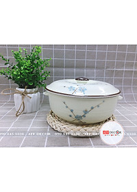 Bộ bát đĩa men kem Bát Tràng cao cấp vẽ đào xanh