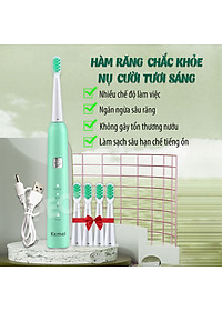 Bàn chải đánh răng điện KEMEI KM-713 công nghệ rung siêu âm 31000 lần/ phút điều chỉnh 6 chế độ đánh bay mảng bám sạch sâu gấp nhiêu lần so với bàn chải thủ công + Tặng kèm 5 đầu bàn chải thay thế - Hàng chính hãng