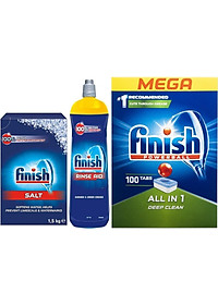 Combo Viên rửa bát fnish All in one 100 viên+Dung dịch nước làm bóng finish 750ml+Muối rửa bát chén finish 750ml cho Máy rửa bát