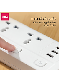 Ổ Cắm Điện Đa Năng Kèm Cổng USB Có Công Tắc Tải 2500W Nắp Chống Giật Chống Cháy Chất Lượng Cao Deli - Dây 2M/3M/5M - ET401 411