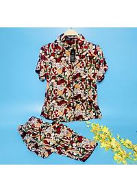 Bộ Pyjama nữ, đồ mặc nhà VILADY- B139 Quần Dài Tay Cộc Họa Tiết Con sò Màu Đỏ Đô, chất liệu lụa Pháp