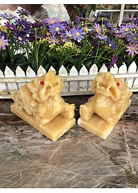 Cặp Tỳ Hưu phong thủy với đôi mắt đỏ đá ngọc hoàng long có đế - Dài 15 cm