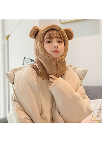 Mũ len lông cừu liền khăn cổ tai gấu dễ thương ấm áp mùa đông thích hợp cho bạn gái