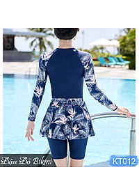 Đồ bơi dài tay cho mẹ và bà, Bikini 3 chi tiết cho tuổi trung niên, quần short lửng rời mix cùng chân váy, chất thun bơi lạnh đẹp | KT012