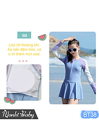 Đồ bơi size lớn cho bé gái, mẫu liền thân tay dài chống nắng, áo tắm big size dáng váy có khóa kéo trẻ em nữ, chất thun bơi lạnh cao cấp | BT38