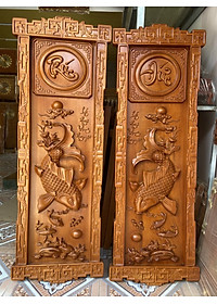 Tranh treo tường lý ngư vọng nguyệt bằng gỗ gõ đỏ kt 37×117×4cm