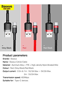 Cáp sạc Baseus Cafule Quick Charge và truyền dữ liệu tốc độ cao Usb to Type C 3A CATKLF- Hàng chính hãng