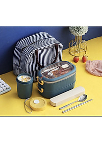 Hộp Cơm Văn Phòng Giữ Nhiệt  2 Lớp 2 Tầng Tiện Lợi Kèm Hộp Đựng Canh Soup và Bộ Đũa Thìa INOX – Chất Liệu INOX304An Toàn Cho Sức Khỏe – Hàng Chính Hãng MINIIN- Tặng Túi Đựng Cơm