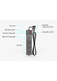 Ổ cắm Rạng Đông OC04 4C/3M/10A đa năng chống giật, công suất 2500W dây dài 3 mét - Hàng chính hãng