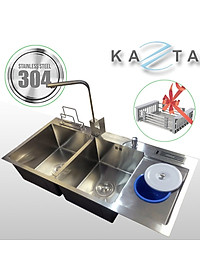 Combo Chậu Kèm Vòi Rửa Chén Bát Inox Kazta CB10048H - Chậu có hố rác đủ xi phông, vòi thân vuông, khay cài dao thớt, vòi hút xà phòng, rổ rút gác chậu