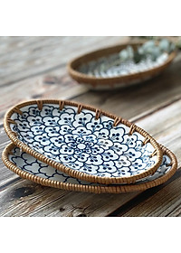 Khay trang trí bằng mây, khay gốm sứ viền mây ECOHUB, đựng đồ trang sức, bộ quà tặng nhà mới (Rattan Decorative Tray)