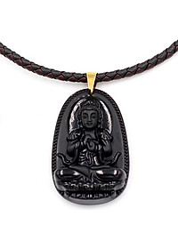 [Tuổi Mùi, Thân] Dây Chuyền Mặt Phật Đại Nhật Như Lai Thạch Anh Đen 5cm + Dây Da - Mặt Size Lớn - Tặng Kèm Móc Inox - May Mắn - Bình An