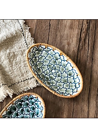 Khay trang trí bằng mây, khay gốm sứ viền mây ECOHUB, đựng đồ trang sức, bộ quà tặng nhà mới (Rattan Decorative Tray)