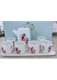 BỘ ẤM CHÉN KÈM KHAY  SỨ CAMELIA PHA TRÀ CÀ  PHÊ MÀU TRẮNG HỌA  TIẾT CHIM VÀ HOA TÍM - ANTH406