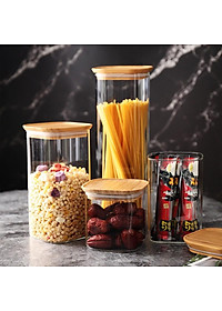 Hũ Thủy Tinh Vuông Nắp Gỗ Tre Kín Hơi Đựng Thực Phẩm, Gia Vị Tiện Dụng
