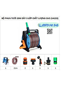 Bộ Vòi Phun Nước Tưới Cây, Rửa Xe VA223 gồm: Vòi Phun Tưới Tăng Áp + Khung Lô Cuốn Ống Dây + Phụ Kiện Khớp nối+ 20-25m Dây Dẫn Nước kết cấu 3 lớp chống xoắn, vòi phun đa năng chất lượng cao/ Hồng Thanh Garden