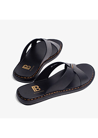 Dép nam quai ngang da bò Nappa cao cấp Bụi Leather E103, đế đúc nguyên khối khâu viền thủ công đi êm chân, Bảo hành 12 Tháng