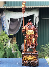 Tượng quan công cầm đao trấn ải bằng gỗ hương đa tô làm mầu giả cổ kt cao 60×25×15cm
