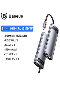 Hub chuyển đổi đa năng 8 trong 1 Baseus CAHUB-CV0G ( Type-C to HDMI/ USB3.0/ LAN / SD Card Reader/ Type C PD 100W, Multifunctional HUB) - HÀNG CHÍNH HÃNG