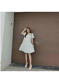 Đầm suông babydoll cổ vuông nhún tầng tay phồng xinh xắn