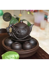 Bộ Ấm Chén Trà Đạo Gốm Tử Sa Bát Tràng Đắp Nổi Hoa Phù Dung Dáng Thủy Bình Dung Tích 400ml (Bộ Ấm Chén) ATSML 02.2