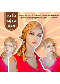 Nón hóa trị vải mềm mát, hút mồ hôi, bệnh nhân ung thư, chemo hat, cancer hat, nón trùm đầu, mũ vải [KIỂU ĐUÔI XÒE-CAM ĐEN HỌA TIẾT]