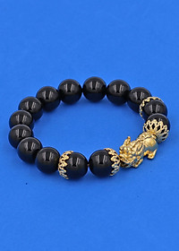 Vòng đeo tay đá Thạch Anh Đen 12 ly - Vòng tay Tỳ Hưu Phong Thủy Chiêu Tài Lộc inox vàng VTAETHBKV12