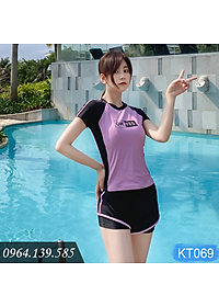 Bộ bơi nữ áo cộc tay, quần sooc đùi thể thao, đệm tròn dễ mặc, chất thun co giãn, dáng năng động, dấu bụng tốt | KT069