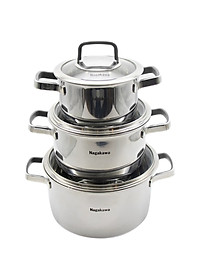Bộ 3 Nồi Đáy Từ Đa Lớp Nguyên Khối Inox 304 Cao Cấp Nagakawa NAG1353 (16cm, 20cm, 24cm) - Dùng Trên Mọi Loại Bếp - Hàng Chính Hãng
