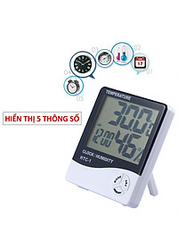 Đồng hồ đo nhiệt độ và đo độ ẩm chính xác cao, màn hình lớn hiển thị 5 thông số, có đồng hồ báo thức