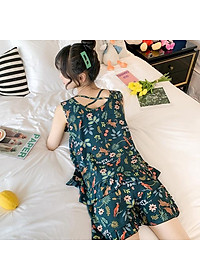 Bộ đồ mặc ở nhà dành cho nữ, bộ áo ba lỗ và quần đùi nhún bèo vải lanh mặc nhà mềm mát, trẻ trung size 35 - 75 kg