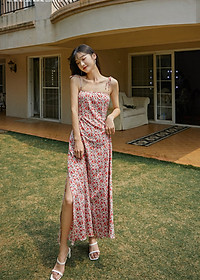 Đầm maxi xẻ tà dàng dài, họa tiết hoa nhí màu đẹp, chất voan tơ cao cấp, váy 2 kiểu mặc: 2 dây và vai trần | MX056