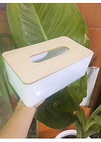 Hộp khăn giấy bằng nhựa - nắp gỗ màu ngẫu nhiên