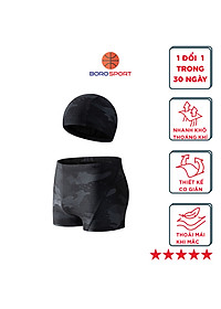Quần bơi nam boxer  Cleacco màu đen Camo , chất vải  Poly co giãn 4 chiều , thoáng khí , thoát nước nhanh BORO SPORT - Tặng nón bơi vải