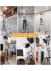 Thang nhôm rút đôi, có bánh xe di chuyển tiện lợi, thanh giằn khóa và thân thang an toàn, chiều cao từ 3,8m - 8m